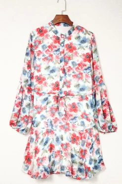 Fashion Dear-Lover Vintage Floral Print Drawstring Flowy Dress Sky Blue