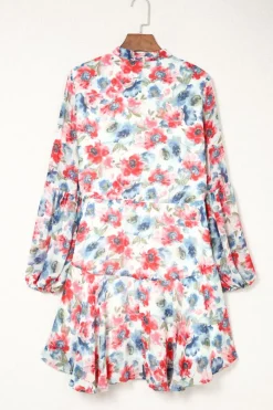 Fashion Dear-Lover Vintage Floral Print Drawstring Flowy Dress Sky Blue