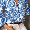 Clearance Dear-Lover Vintage Geometric Printed Puff Sleeve Slit V Neck Shirt Sky Blue