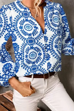Clearance Dear-Lover Vintage Geometric Printed Puff Sleeve Slit V Neck Shirt Sky Blue