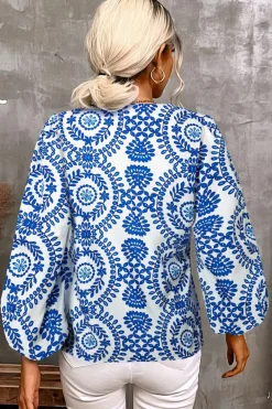 Clearance Dear-Lover Vintage Geometric Printed Puff Sleeve Slit V Neck Shirt Sky Blue