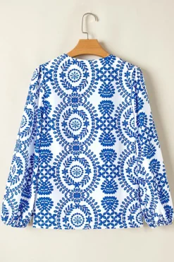 Clearance Dear-Lover Vintage Geometric Printed Puff Sleeve Slit V Neck Shirt Sky Blue