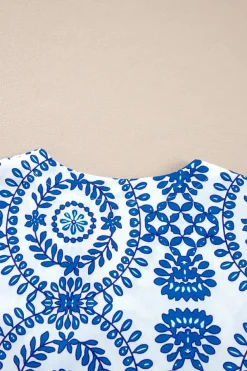Clearance Dear-Lover Vintage Geometric Printed Puff Sleeve Slit V Neck Shirt Sky Blue