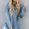 Clearance Dear-Lover Vintage Washed Chest Pocket Denim Shirt Sky Blue