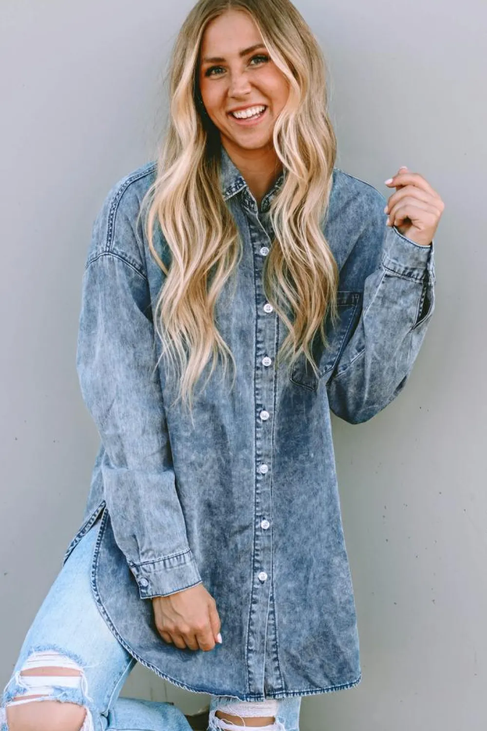 Clearance Dear-Lover Vintage Washed Chest Pocket Denim Shirt Sky Blue