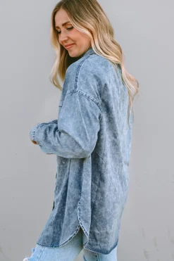 Clearance Dear-Lover Vintage Washed Chest Pocket Denim Shirt Sky Blue