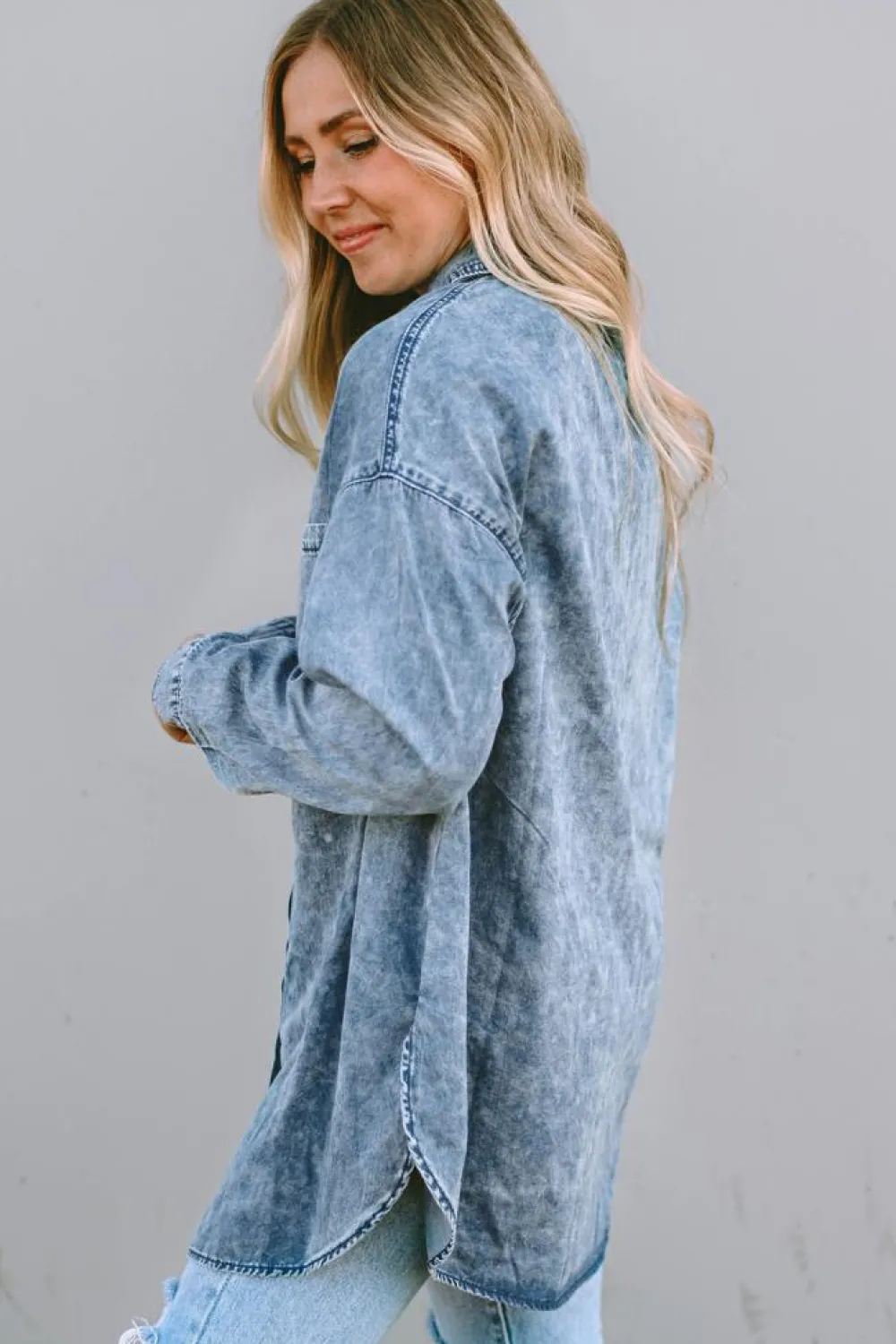 Clearance Dear-Lover Vintage Washed Chest Pocket Denim Shirt Sky Blue