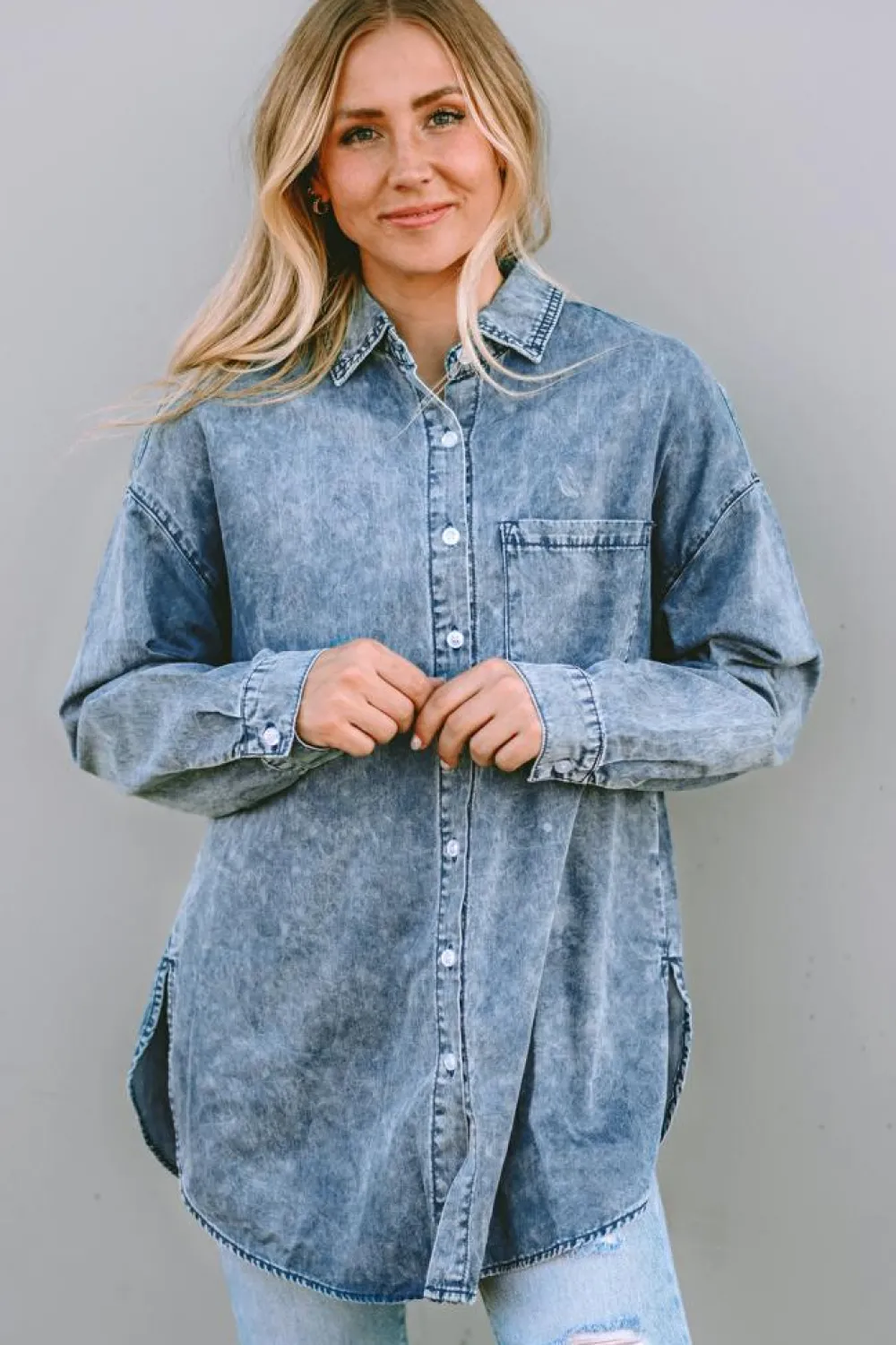 Clearance Dear-Lover Vintage Washed Chest Pocket Denim Shirt Sky Blue