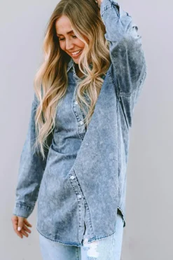 Clearance Dear-Lover Vintage Washed Chest Pocket Denim Shirt Sky Blue