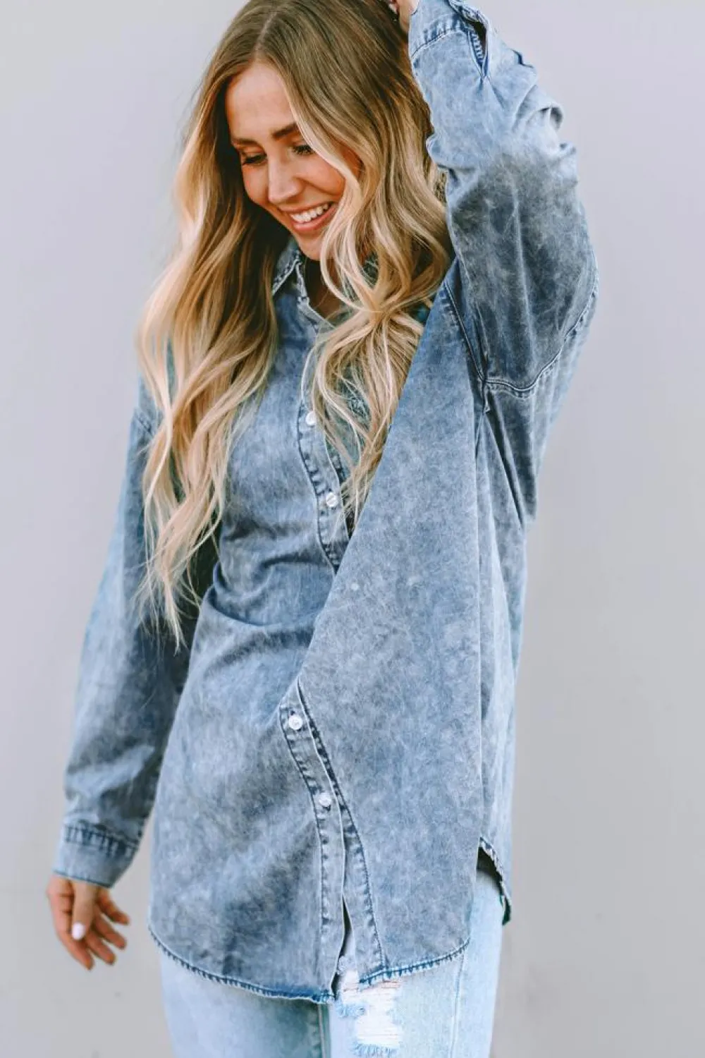 Clearance Dear-Lover Vintage Washed Chest Pocket Denim Shirt Sky Blue