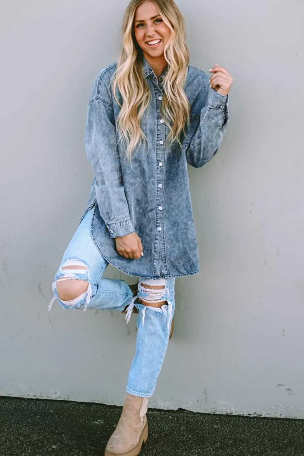 Clearance Dear-Lover Vintage Washed Chest Pocket Denim Shirt Sky Blue
