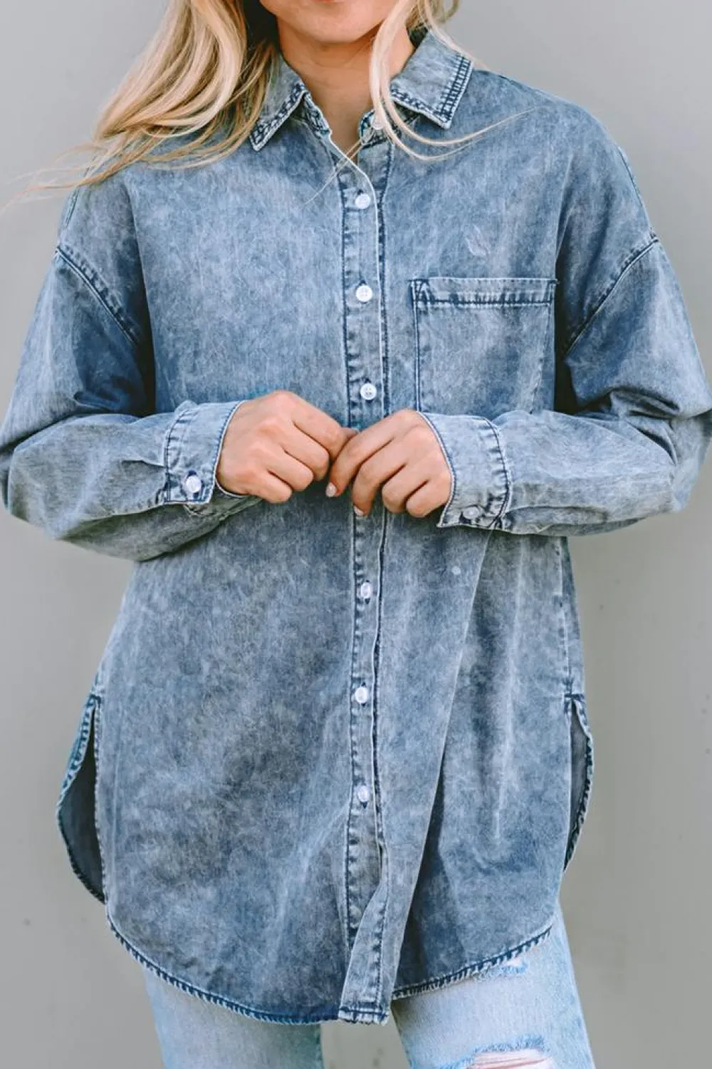 Clearance Dear-Lover Vintage Washed Chest Pocket Denim Shirt Sky Blue