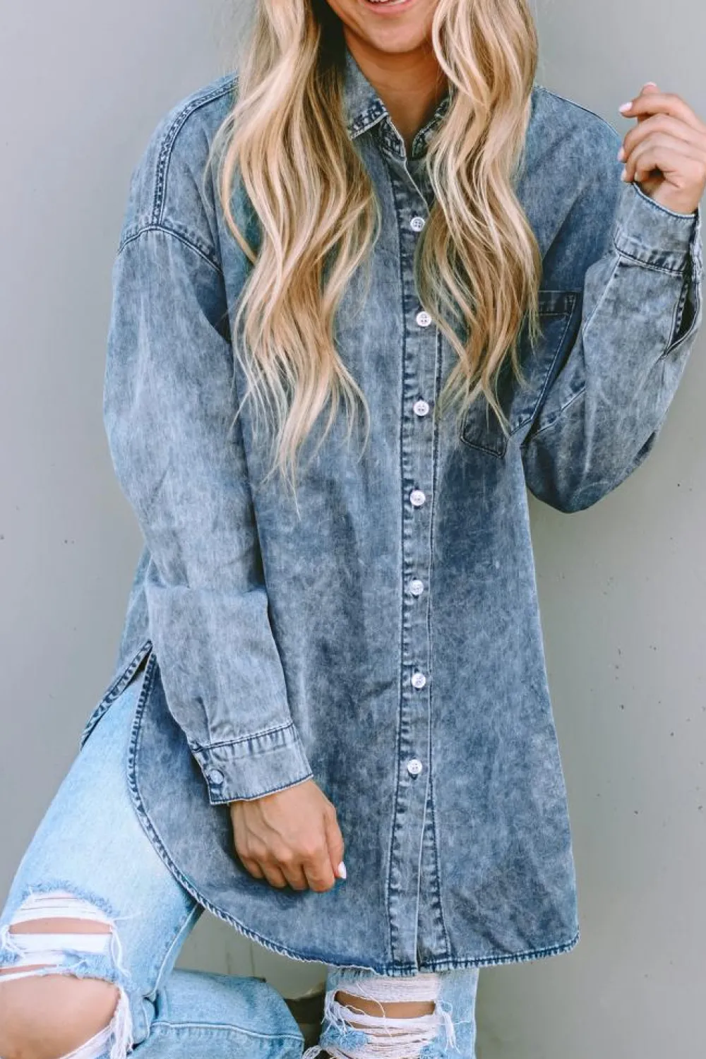 Clearance Dear-Lover Vintage Washed Chest Pocket Denim Shirt Sky Blue
