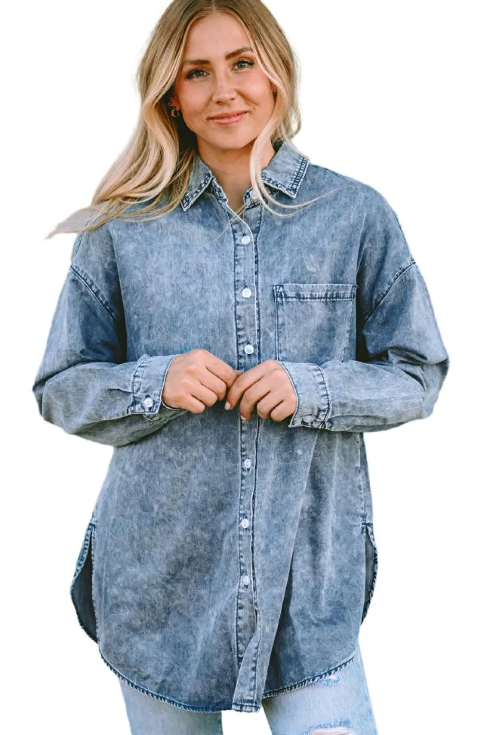 Clearance Dear-Lover Vintage Washed Chest Pocket Denim Shirt Sky Blue