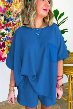 Online Dear-Lover Waffle Knit Oversize Tee and Shorts Set Sky Blue