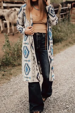 Best Dear-Lover Western Aztec Printed Open Front Long Cardigan Sky Blue