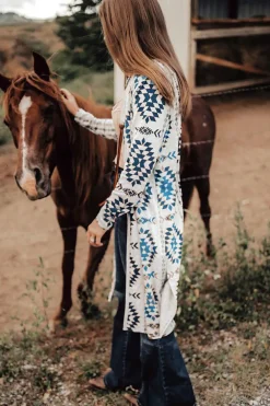 Best Dear-Lover Western Aztec Printed Open Front Long Cardigan Sky Blue