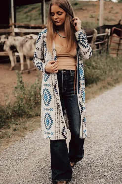 Best Dear-Lover Western Aztec Printed Open Front Long Cardigan Sky Blue