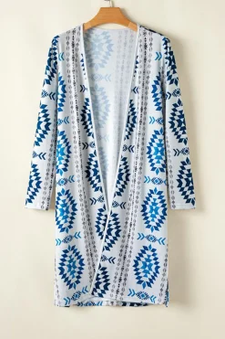 Best Dear-Lover Western Aztec Printed Open Front Long Cardigan Sky Blue