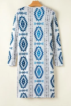 Best Dear-Lover Western Aztec Printed Open Front Long Cardigan Sky Blue