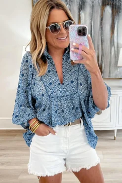 Outlet Dear-Lover Western Geometric Print Frilled V Neck Loose Fit Blouse Sky Blue