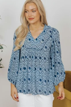 Outlet Dear-Lover Western Geometric Print Frilled V Neck Loose Fit Blouse Sky Blue