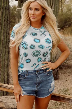 Online Dear-Lover Western Turquoise Printed Crewneck Slim Fit Tee Sky Blue