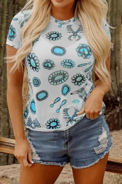 Online Dear-Lover Western Turquoise Printed Crewneck Slim Fit Tee Sky Blue