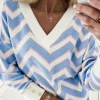 Fashion Dear-Lover Zigzag Striped Print V Neck Oversized Top Sky Blue