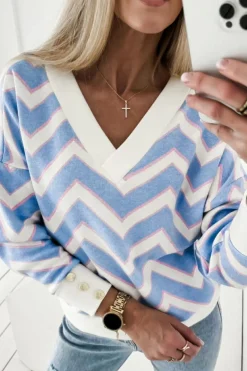 Fashion Dear-Lover Zigzag Striped Print V Neck Oversized Top Sky Blue