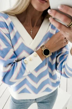 Fashion Dear-Lover Zigzag Striped Print V Neck Oversized Top Sky Blue