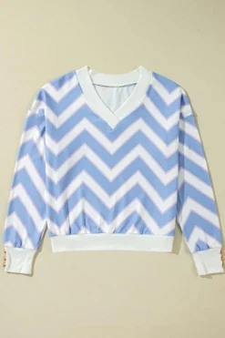 Fashion Dear-Lover Zigzag Striped Print V Neck Oversized Top Sky Blue
