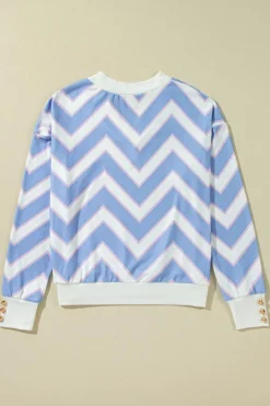 Fashion Dear-Lover Zigzag Striped Print V Neck Oversized Top Sky Blue