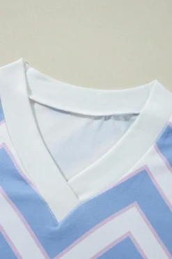 Fashion Dear-Lover Zigzag Striped Print V Neck Oversized Top Sky Blue