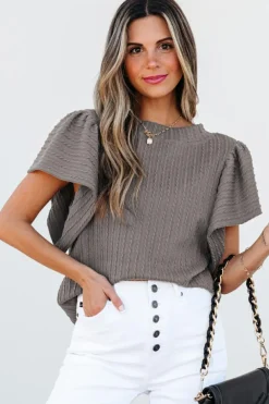 Online Dear-Lover Solid Color Textured Flutter Sleeve Top Sleet