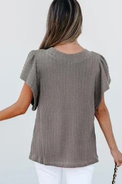 Online Dear-Lover Solid Color Textured Flutter Sleeve Top Sleet