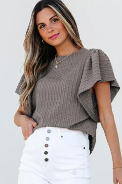 Online Dear-Lover Solid Color Textured Flutter Sleeve Top Sleet