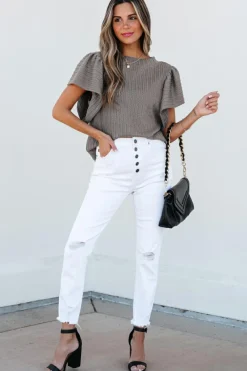 Online Dear-Lover Solid Color Textured Flutter Sleeve Top Sleet