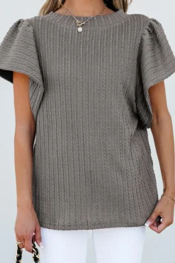 Online Dear-Lover Solid Color Textured Flutter Sleeve Top Sleet