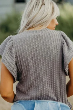 Online Dear-Lover Solid Color Textured Flutter Sleeve Top Sleet