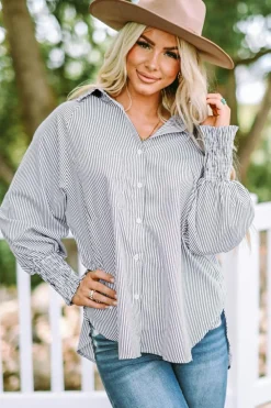 Best Dear-Lover Smocked Cuffed Striped Boyfriend Shirt with Pocket Black