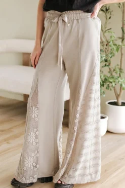 New Dear-Lover Boho Lace Patchwork Wide Leg High Waist Pants Smoke Gray