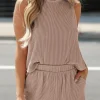 Hot Dear-Lover Corded Sleeveless Top and Pocketed Shorts Set Smoke Gray