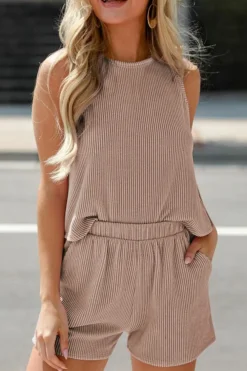 Hot Dear-Lover Corded Sleeveless Top and Pocketed Shorts Set Smoke Gray