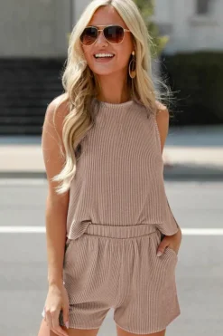 Hot Dear-Lover Corded Sleeveless Top and Pocketed Shorts Set Smoke Gray