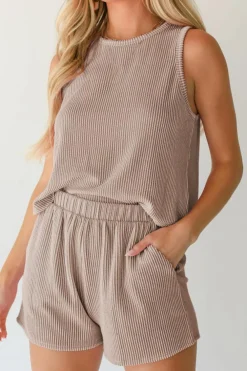 Hot Dear-Lover Corded Sleeveless Top and Pocketed Shorts Set Smoke Gray