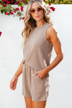 Hot Dear-Lover Corded Sleeveless Top and Pocketed Shorts Set Smoke Gray