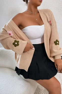 Hot Dear-Lover Floral Applique Drop Shoulder Bubble Sleeve Cardigan Smoke Gray