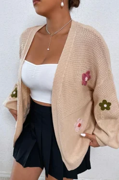 Hot Dear-Lover Floral Applique Drop Shoulder Bubble Sleeve Cardigan Smoke Gray