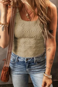 Fashion Dear-Lover Floral Jacquard Square Neck Tank Top Smoke Gray